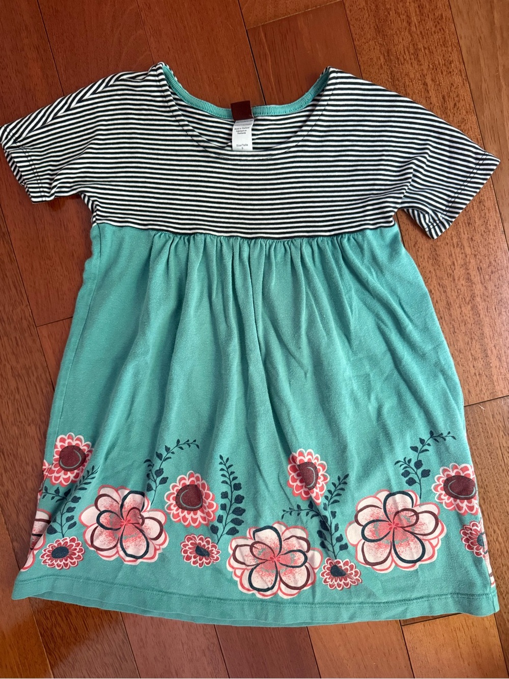 Tea Collection Teal Dress with Black-and-White Striped Bodice and Floral Hem